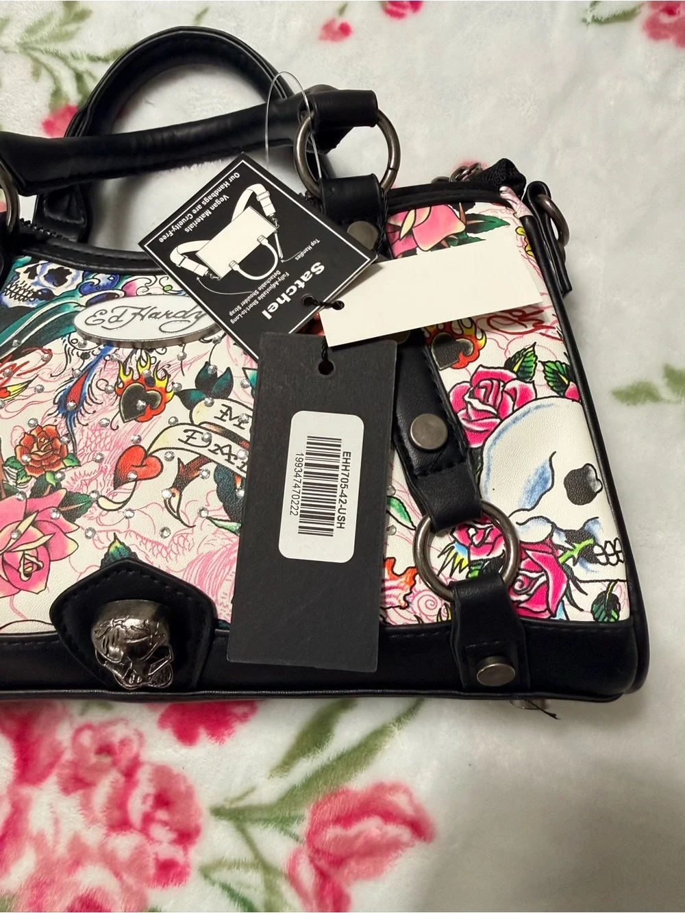 Ed Hardy Pink Floral & Skull Tattoo-Print Satchel with Black Trim